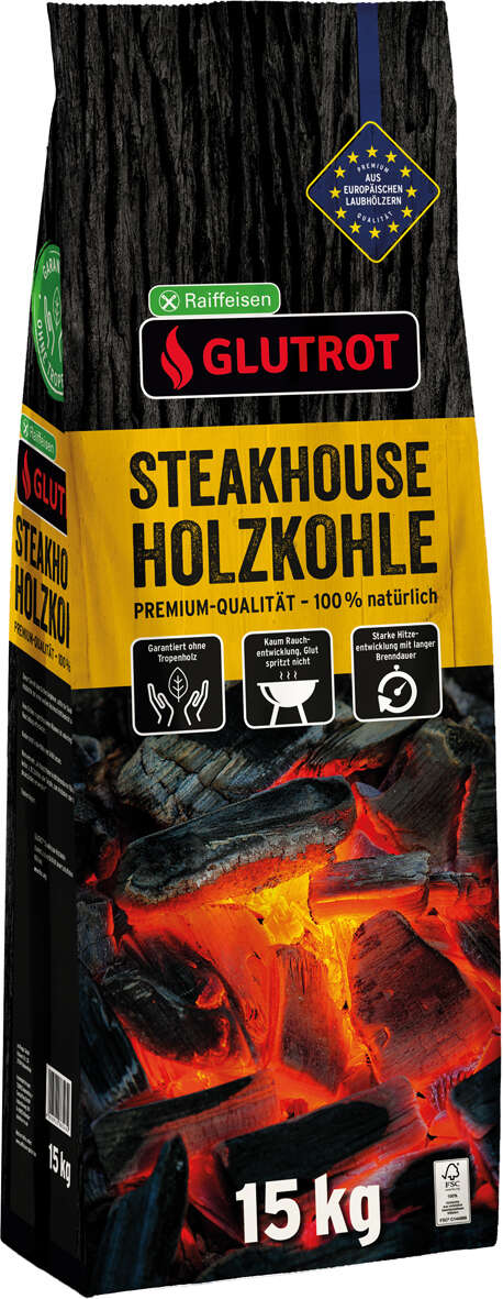 9388059---GLUTROT_Steakhouse-Holzkohle_402692186543215kg glutrot BUCHEN GrillHolzkohle oder -Briketts
Hochreines Produkt aus naturbelassenem Buchenholz. Außergewöhnlich lange und gleichmäßige Brenndauer. DIN-geprüft.
3 kg-Sack
glutrot Steakhouse-HOLZKOHLE
Premium-Qualität mit extra großen Holzstüc